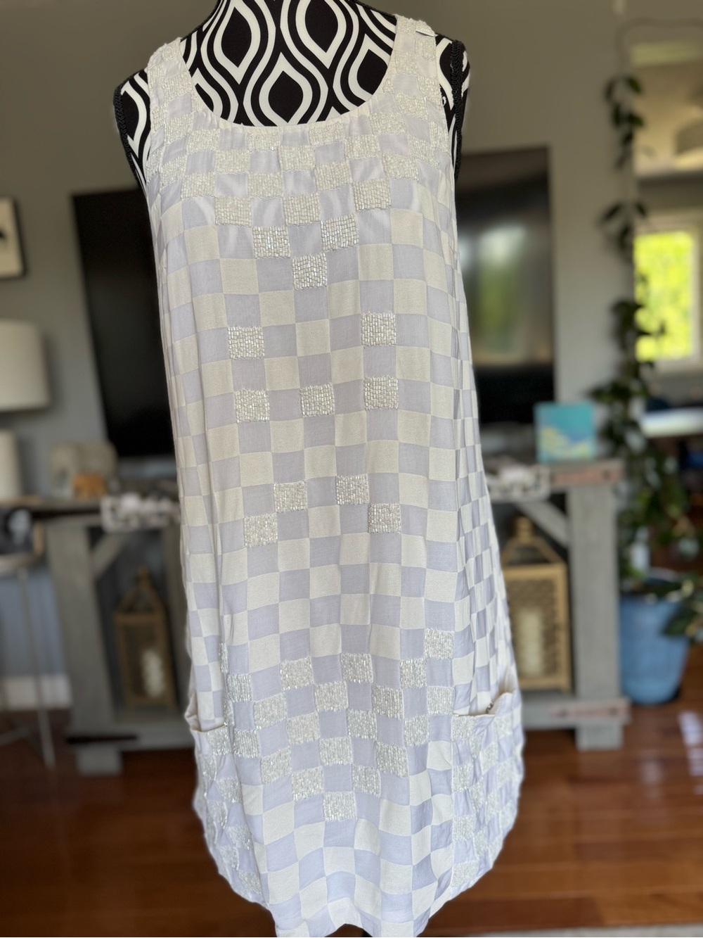 Beaded Off White Checkered Sleeveless Shift Dress